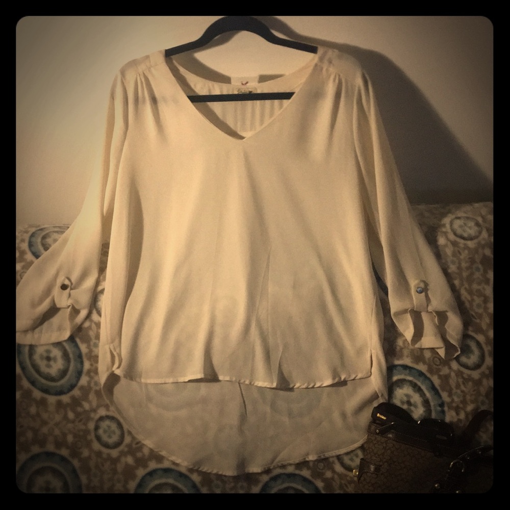 Cream Ladies Dress Top 3/4 Sheer High Low. Large